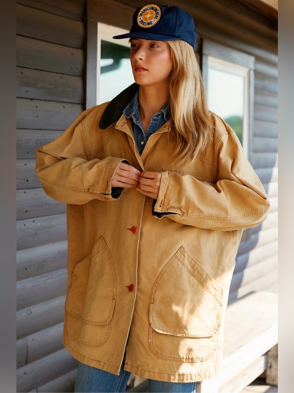 Vintage Lands’ End Barn Chore Golden Tan Canvas Brown Corduroy Collar Coat Sz L